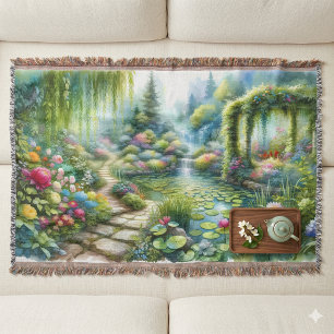 Enchanted Waterfall Garden Lily Pond Throw Blanket