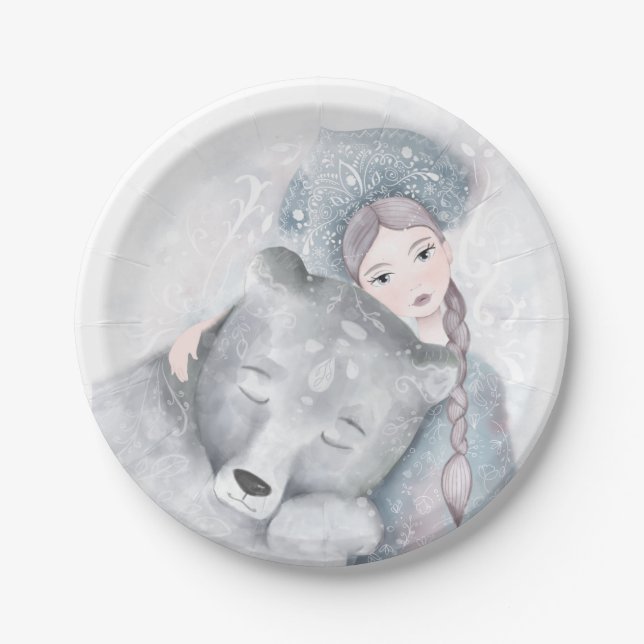 Enchanted whimsical Bear & Girl Christmas  Paper Plate (Front)