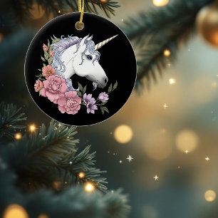 Enchanted White Unicorn Flowers Pink Black Ceramic Tree Decoration