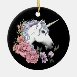Enchanted White Unicorn Flowers Pink Black Ceramic Tree Decoration