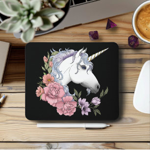 Enchanted White Unicorn Flowers Pink Black Mouse Pad
