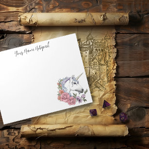 Enchanted White Unicorn Flowers Pink Black Notepad