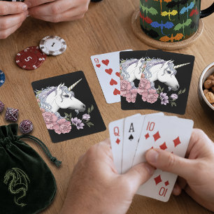 Enchanted White Unicorn Flowers Pink Black Playing Cards