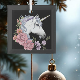 Enchanted White Unicorn Flowers Pink Roses Glass Tree Decoration
