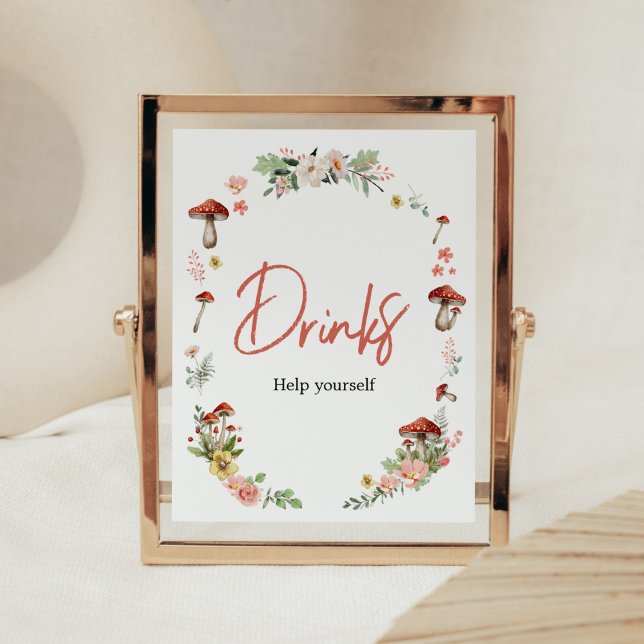 Enchanted Wildflower Mushroom Baby Shower Drinks Poster (Enchanted Mushroom Baby Shower Drinks Sign)