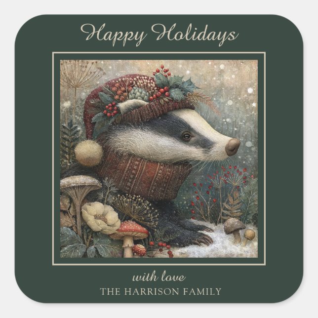 Enchanted Winter Badger Square Sticker (Front)