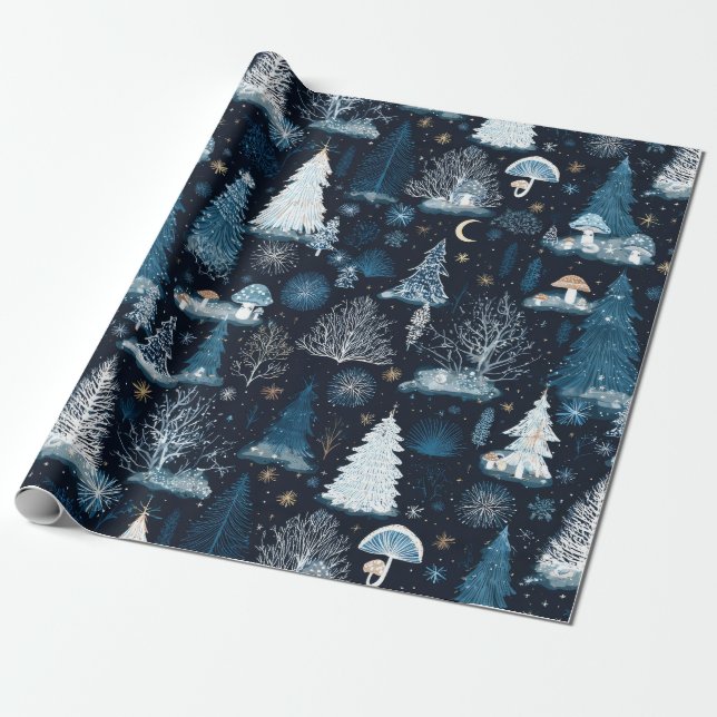Enchanted Winter Forest Night Pattern (3) Wrapping Paper (Unrolled)