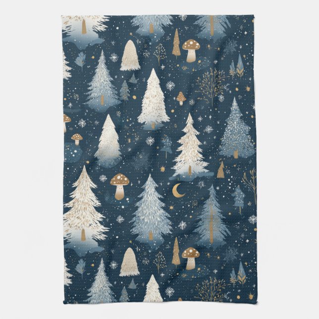 Enchanted Winter Forest Night Pattern (4) Tea Towel (Vertical)