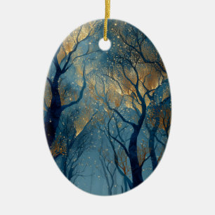 Enchanted Winter Forest with Glowing Golden Trees Ceramic Tree Decoration