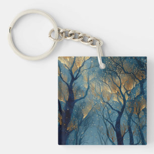 Enchanted Winter Forest with Glowing Golden Trees Key Ring
