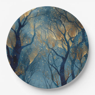 Enchanted Winter Forest with Glowing Golden Trees Paper Plate