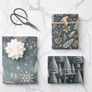 Enchanted Winter Night: Elegant Christmas Set of 3 Wrapping Paper Sheet