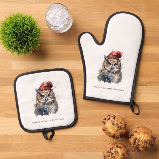 Enchanted Winter Owl, custom Oven Mitt & Pot Holder Set (Top Down)
