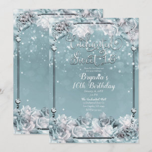 Enchanted Winter Roses Silver White Sweet 16 Party Invitation