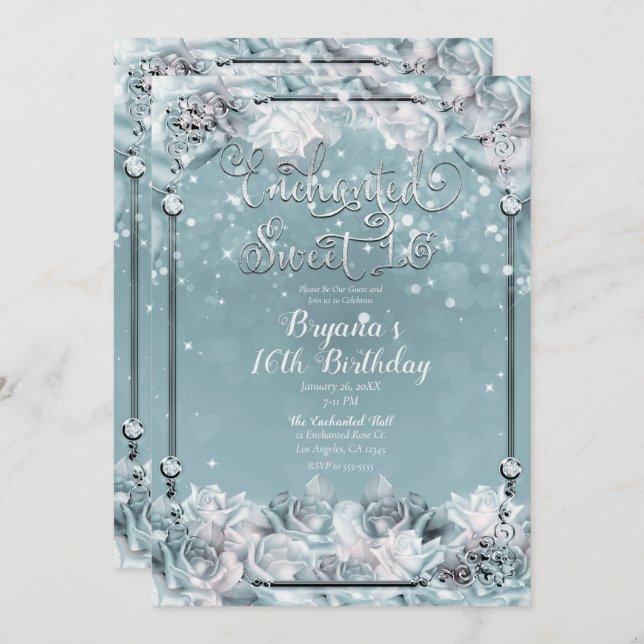 Enchanted Winter Roses Silver White Sweet 16 Party Invitation (Front/Back)
