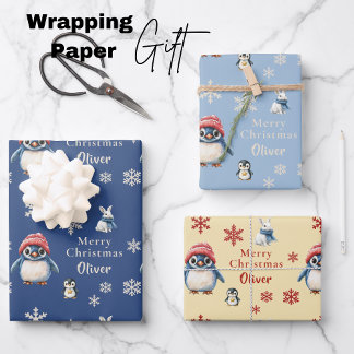 Enchanted Winter Tales Penguin & Bunny Christmas Wrapping Paper Sheet
