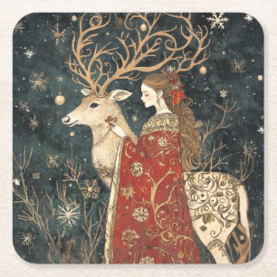 Enchanted Winter: The Maiden and the Stag Square Paper Coaster