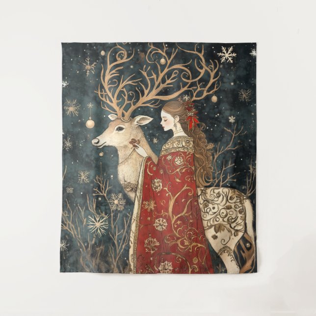 Enchanted Winter: The Maiden and the Stag Tapestry (Front)