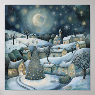 Enchanted Winter Village at Night AI Art Poster