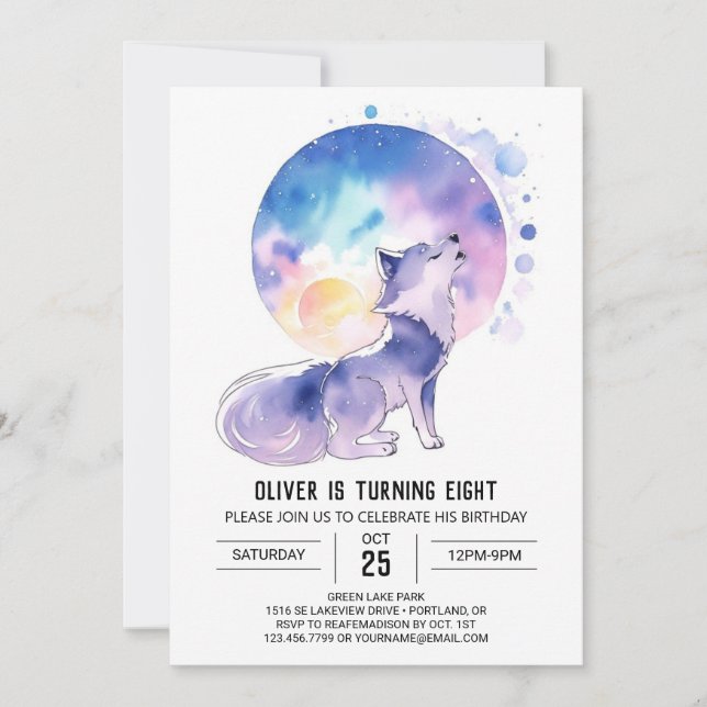 Enchanted Wolf's Watercolor Birthday Invitation (Front)