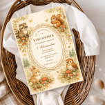 Enchanted Woodland Animals Baby Shower Invitation<br><div class="desc">This charming woodland baby shower design features adorable forest animals gathered around a delicate vintage frame, creating a warm storybook scene perfect for celebrating a little one on the way. Sweet illustrations of a bunny, raccoon, squirrel, and owl are surrounded by tiny mushrooms, pinecones, wildflowers, and soft woodland greenery. The...</div>