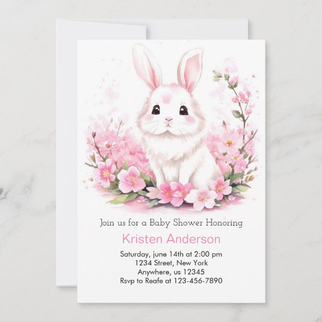 Enchanted Woodland Bunny Pink Girl Baby Shower Invitation (Front)