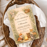 Enchanted Woodland Campfire Baby Shower Invitation<br><div class="desc">A heart-melting woodland design featuring a sweet gathering of forest friends beneath a soft storybook canopy. Fox, fawn, bear, raccoon, and bunny sit together in a warm autumn meadow framed by gentle trees and vintage parchment tones. The earthy palette and delicate botanical details create a cozy, nostalgic feel—perfect for a...</div>