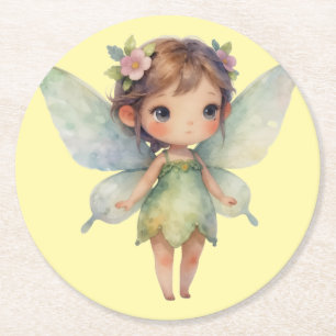 Enchanted Woodland Fairy: pastel green Sprite Round Paper Coaster