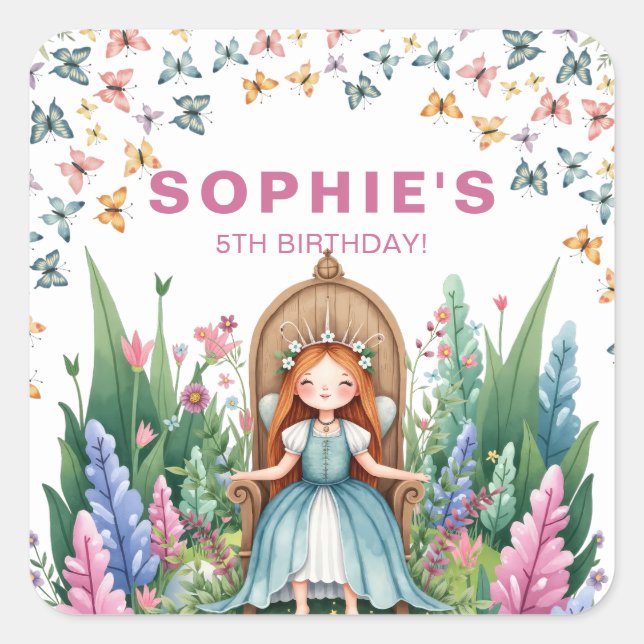 Enchanted Woodland Fairy Princess Birthday Square Sticker (Front)