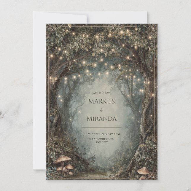Enchanted Woodland Tree Arch Fairy Light Mushroom Invitation (Front)