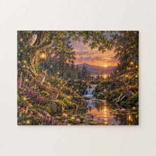 Enchanted Woodland Wildlife Sunset Magical Forest Jigsaw Puzzle