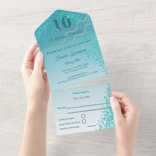Enchanting 10th Birthday Teal Blue Glitter Any A All In One Invitation