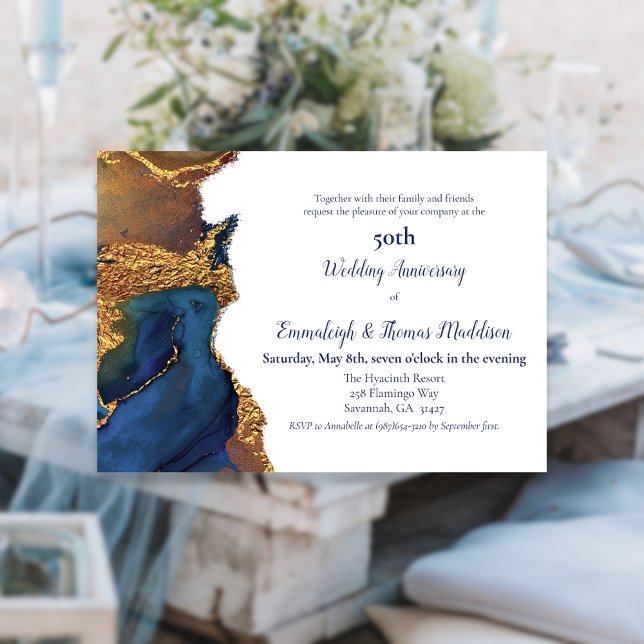 Enchanting Abstract Blue Gold Wedding Anniversary Invitation (Creator Uploaded)