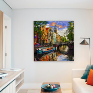 Enchanting Amsterdam Canal Architecture Oil Paint Poster