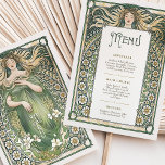 Enchanting Art Nouveau Floral Wedding Menu Card<br><div class="desc">This Art Nouveau-inspired wedding menu card is a beautiful blend of elegance and nature. Featuring a serene woman adorned in flowing green attire, surrounded by intricate floral and vine patterns, this design captures the essence of the Art Nouveau style. The soft green, cream, and delicate golden hues create a natural...</div>