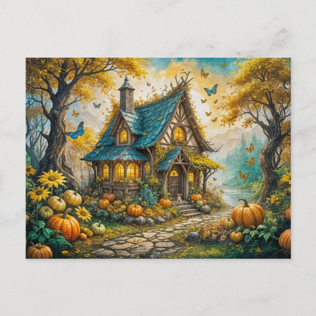 Enchanting Autumn Cottage with Pumpkins Postcard (Front)