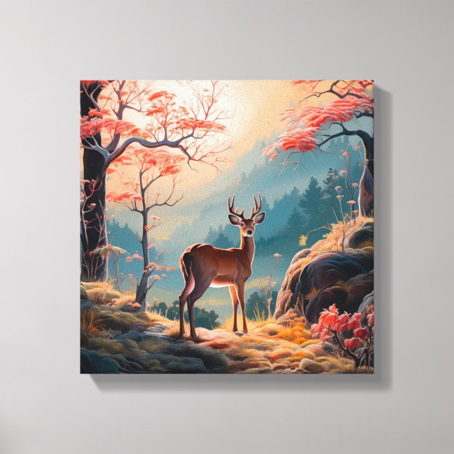 Enchanting Autumn Deer Forest Scene Design Canvas Print (Front)
