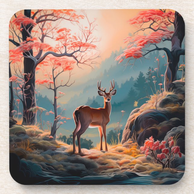 Enchanting Autumn Deer Forest Scene Design Coaster (Front)