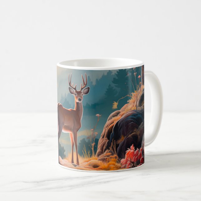 Enchanting Autumn Deer Forest Scene Design Coffee Mug (Front Right)