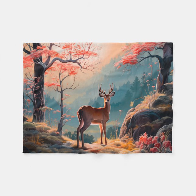 Enchanting Autumn Deer Forest Scene Design Fleece Blanket (Front (Horizontal))