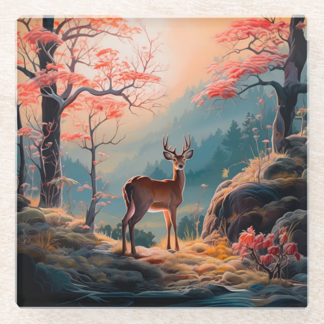 Enchanting Autumn Deer Forest Scene Design Glass Coaster (Front)