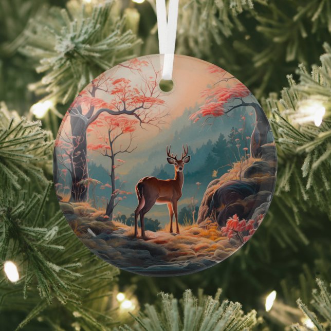 Enchanting Autumn Deer Forest Scene Design Glass Tree Decoration (Insitu)