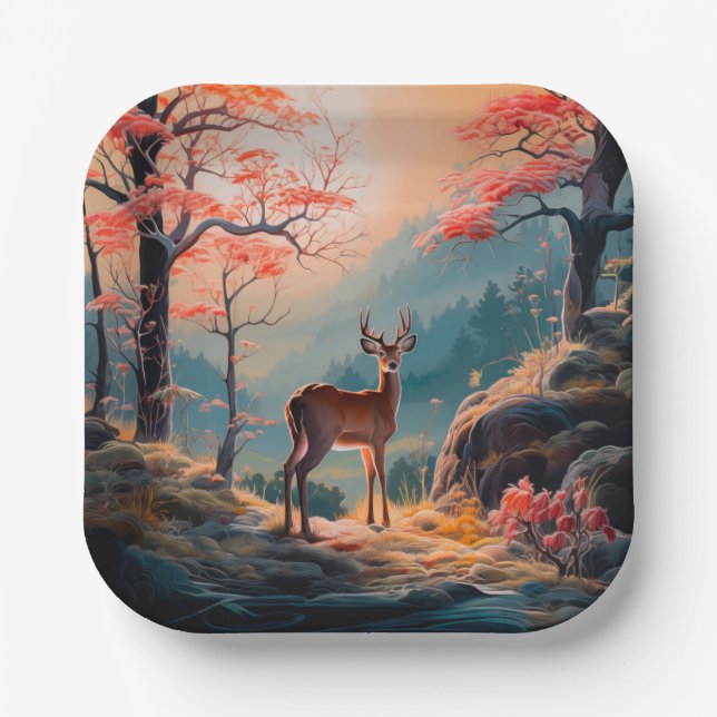 Enchanting Autumn Deer Forest Scene Design Paper Plate (Front)