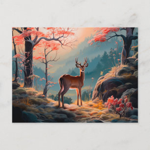 Enchanting Autumn Deer Forest Scene Design Postcard