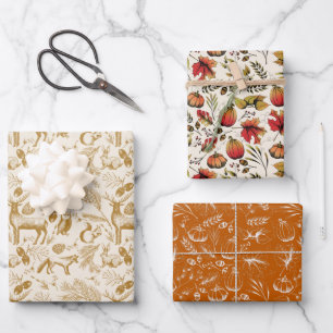 Enchanting Autumn Harvest & Winter Forest Animals Wrapping Paper Sheet