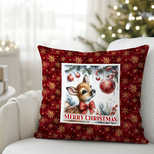 Enchanting baby fawn snowy forest scene Christmas Cushion