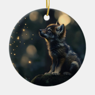 Enchanting Baby Wolf Watching Fireflies Ceramic Tree Decoration