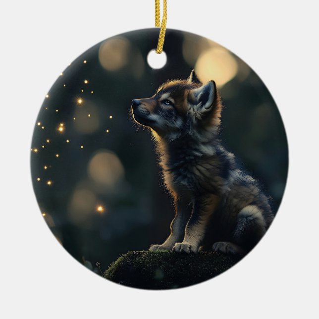 Enchanting Baby Wolf Watching Fireflies Ceramic Tree Decoration (Front)