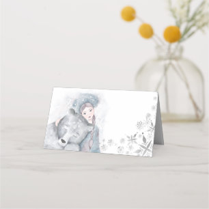 Enchanting bear and girl snowflake festive  place card