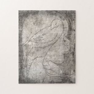 Enchanting Black and White Print: Young Girl Among Jigsaw Puzzle